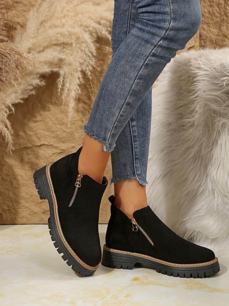 Bottes de cheville femme en velours noir unicolore