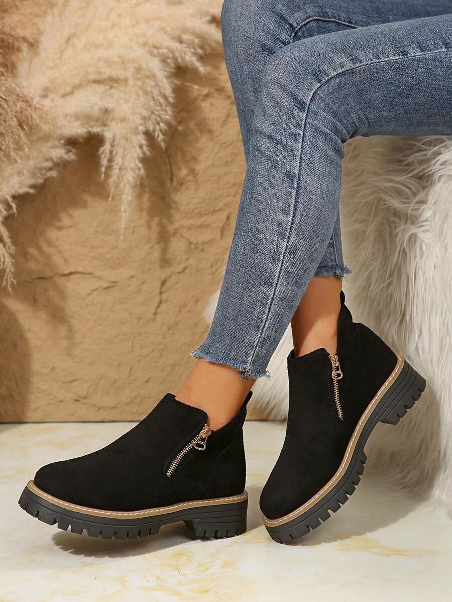 Bottes de cheville femme en velours noir unicolore