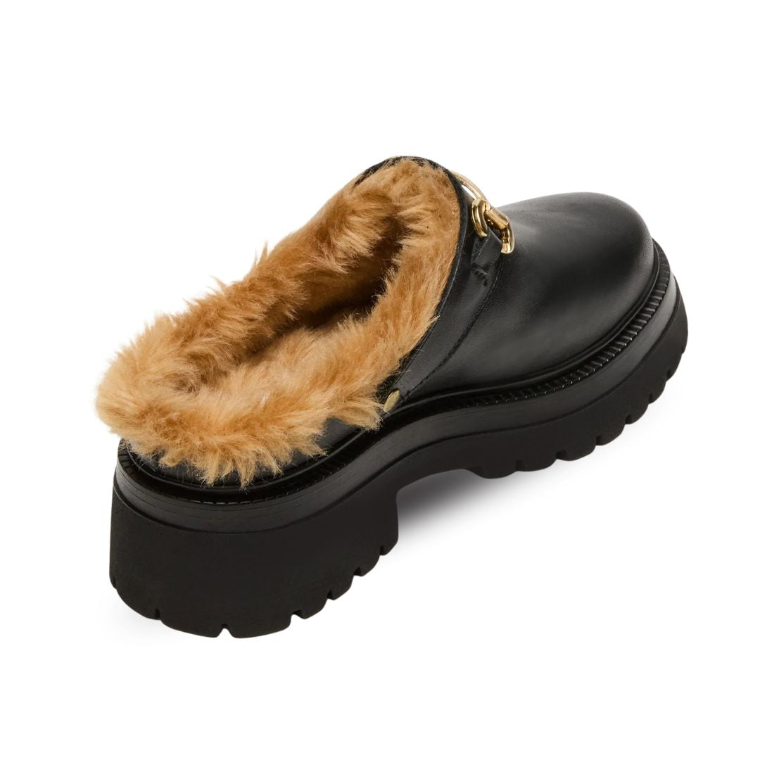 Mules pour Femme en Cuir Noir avec Fourrure Douce