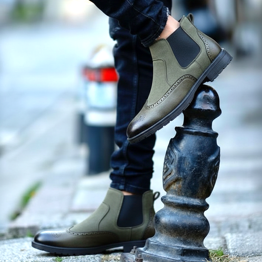 Bottines Chelsea Homme en Cuir Vert Olive