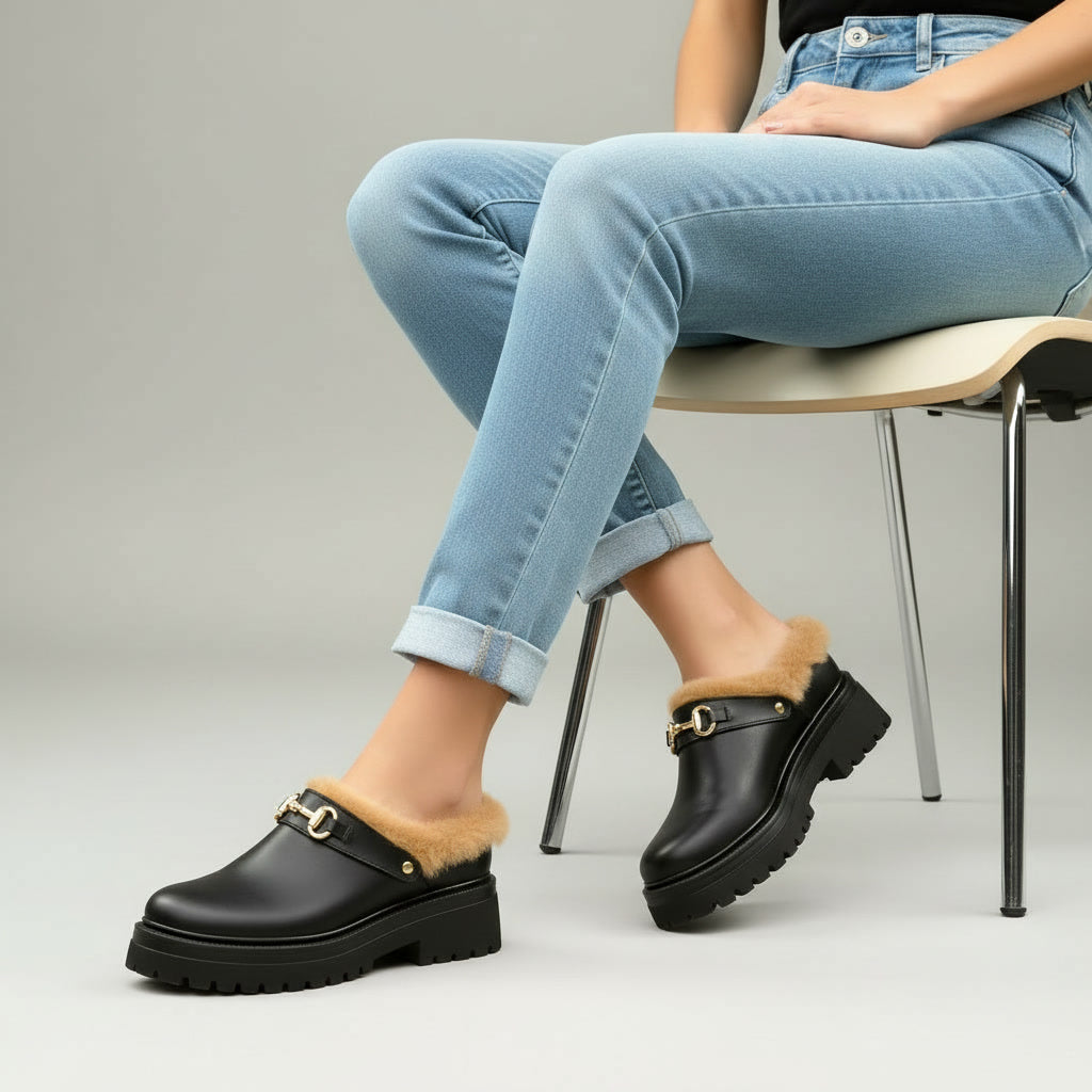 Mules pour Femme en Cuir Noir avec Fourrure Douce
